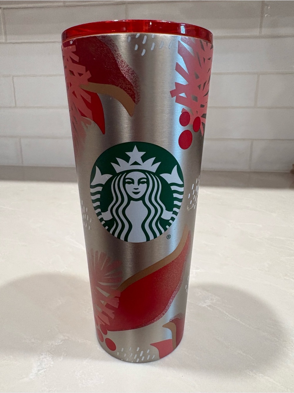LARGE Starbucks STAINLESS STEEL 2019 Silver Holly Red Pink Cold Tumbler 24oz